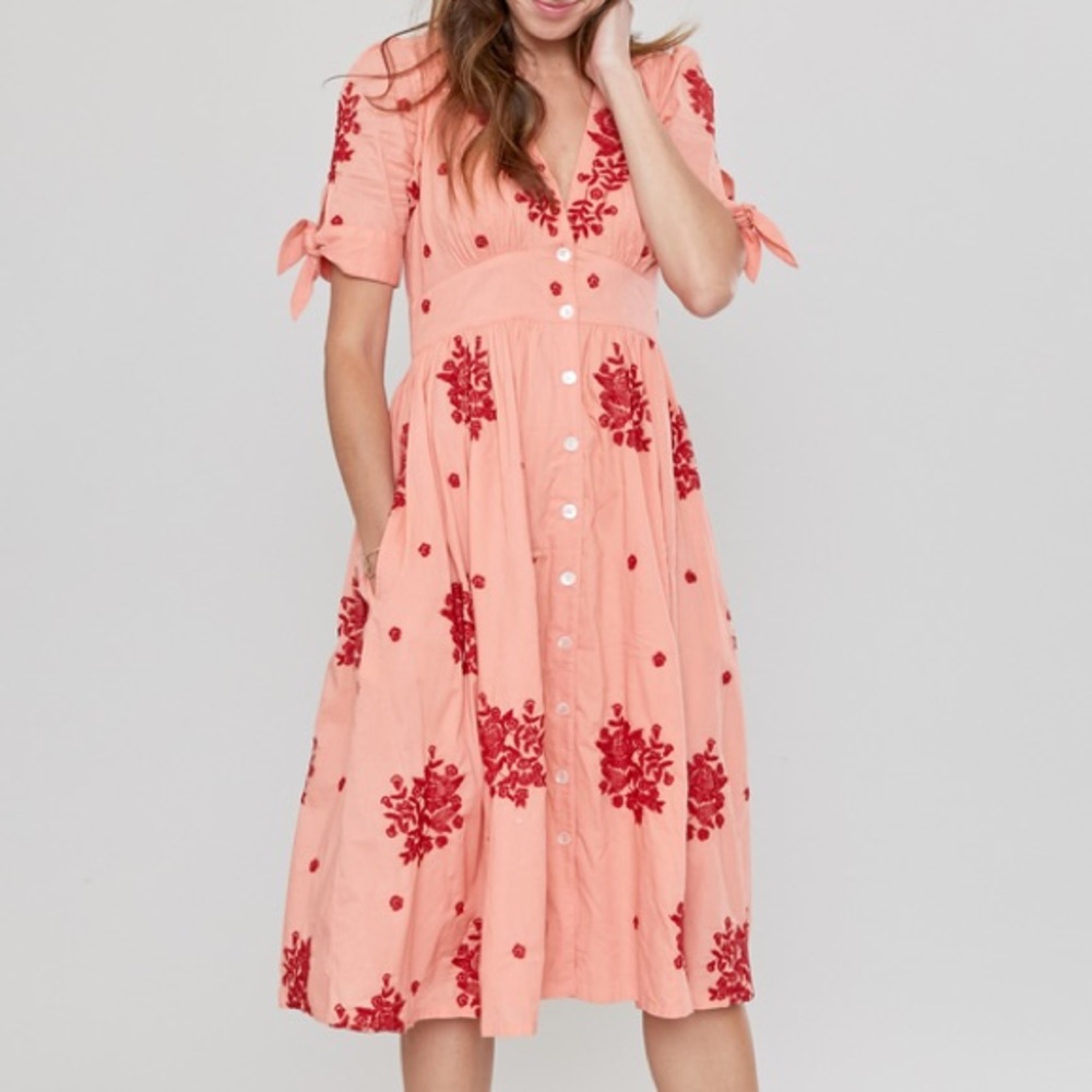 Pink Chicken Farrah Coral Embroidered Dress